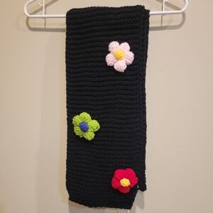 Scarf Womens Poly Woven Black Neck Scarf winter with flowers - one size